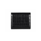 A black leather bifold wallet with an embossed crocodile pattern, shown flat against a solid white background.