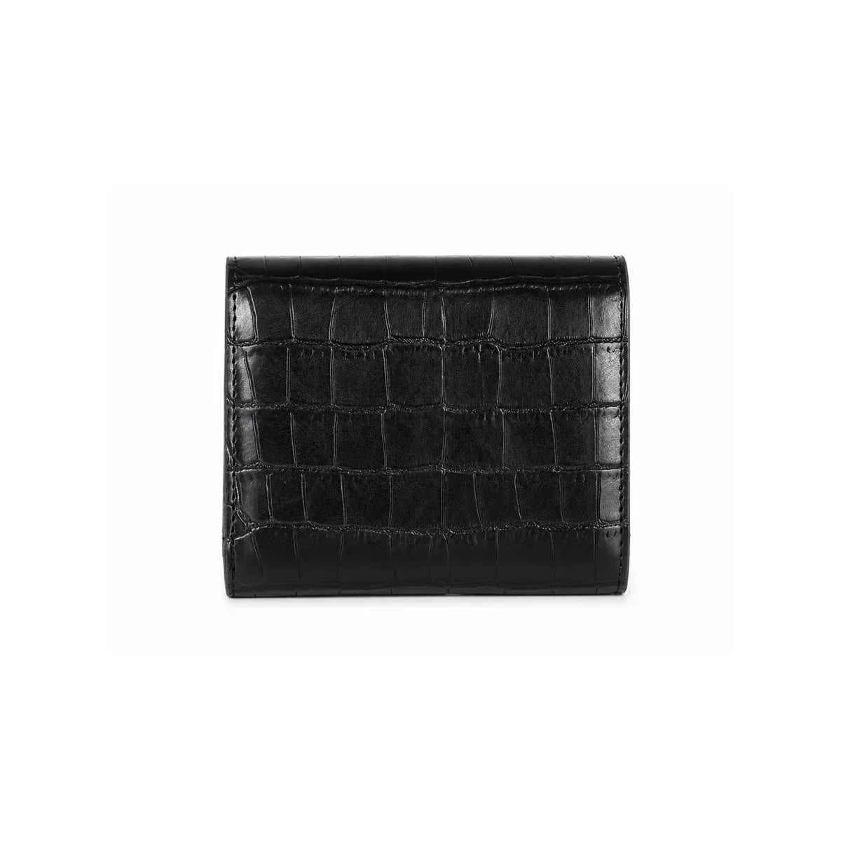 A black leather bifold wallet with an embossed crocodile pattern, shown flat against a solid white background.