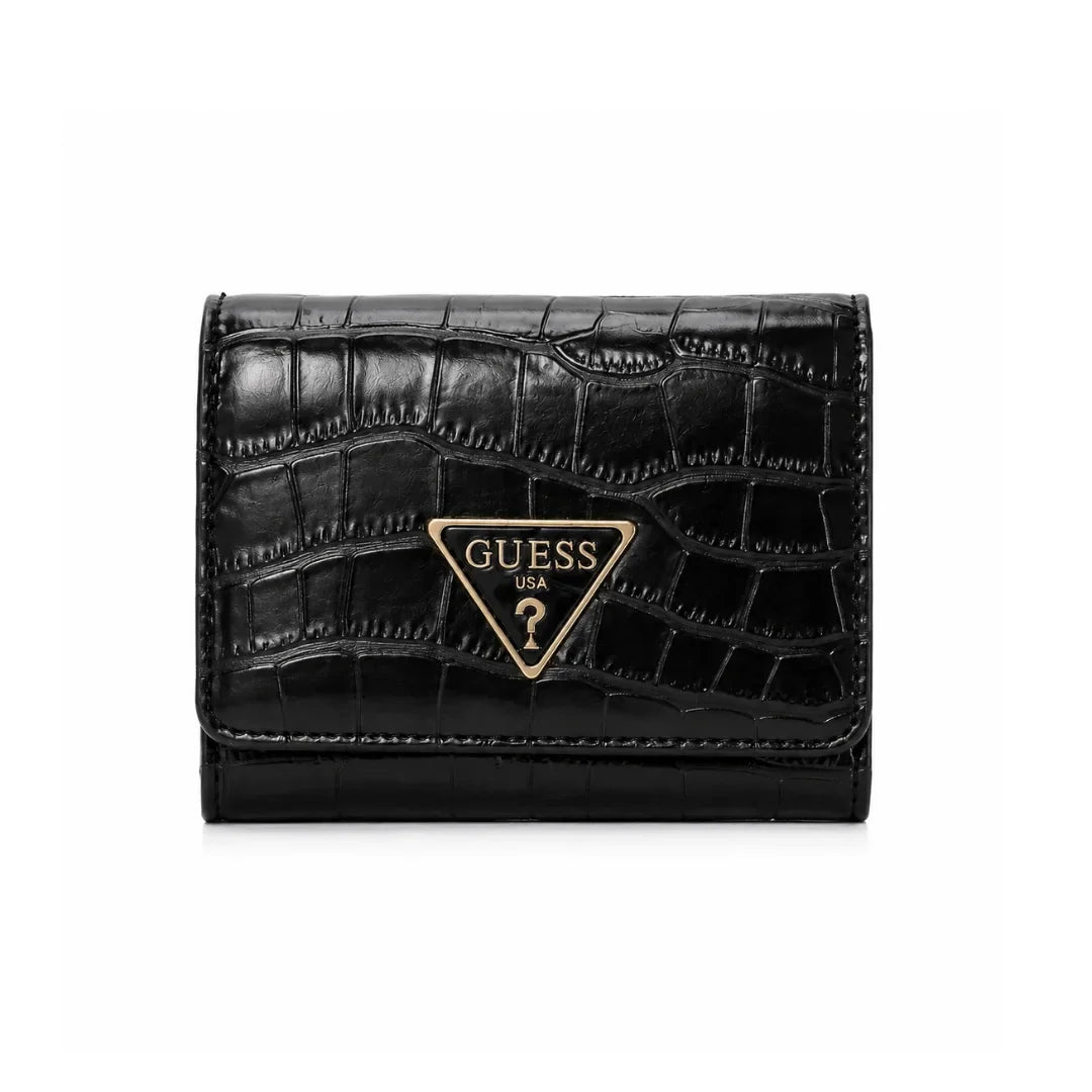 Black crocodile-patterned wallet with Guess logo on a white background