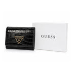 A black crocodile-embossed leather Guess wallet with a gold-tone triangular logo plaque, shown next to its white GUESS brand box on a white background.