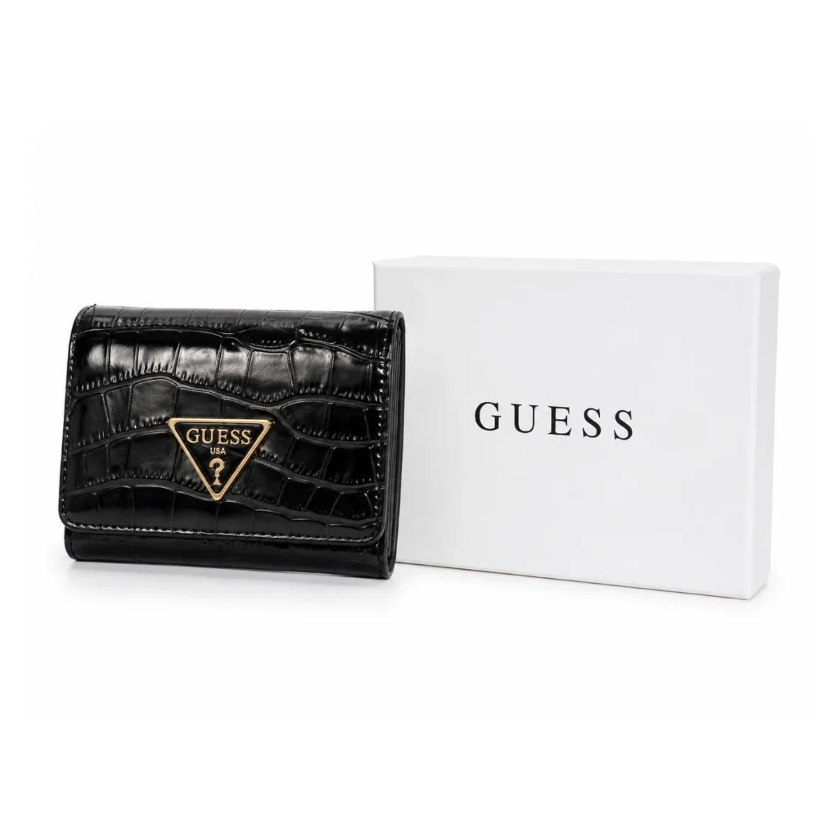 A black crocodile-embossed leather Guess wallet with a gold-tone triangular logo plaque, shown next to its white GUESS brand box on a white background.