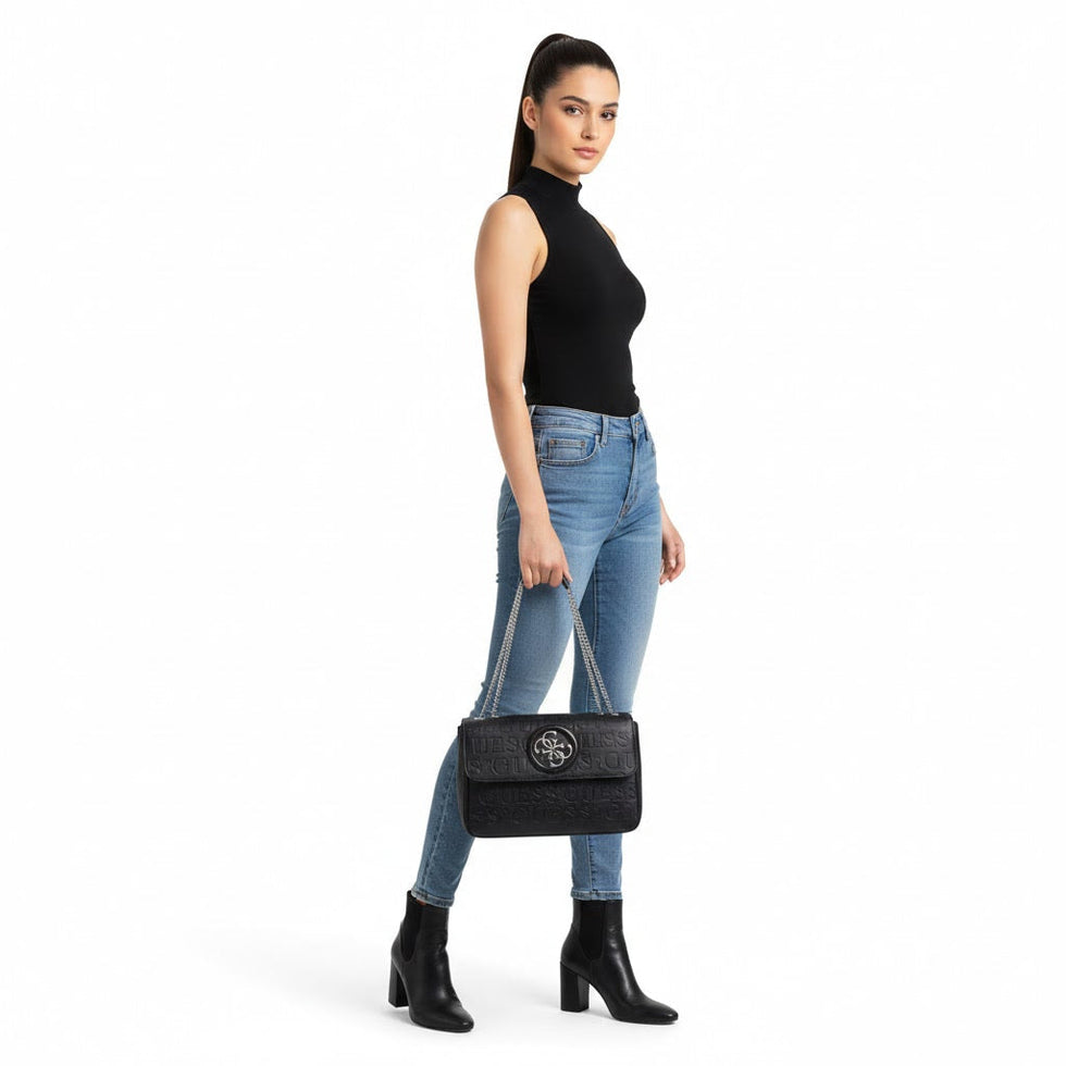 GUESS Women's Monogram Embossed Shoulder Bag - Black